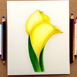 a drawing of a yellow flower on a white paper,the pencils are next to the drawing of a yellow flower,a pencil drawing of a flower with green and yellow stamen,a pencils and colored drawing of a yellow flower,yellow flower in a drawing of pencils
