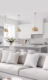white couches with white pillows in the middle and gold pendants