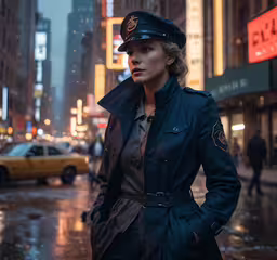 a women police officer in new york city, on a rainy day,woman in the rain standing on the street