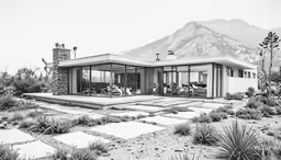 a black and white photo of a home with mountains in the background