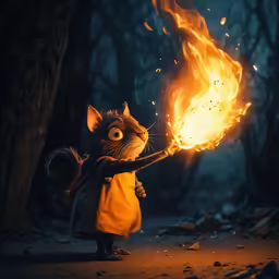 a small cartoon animal holding a burning object
