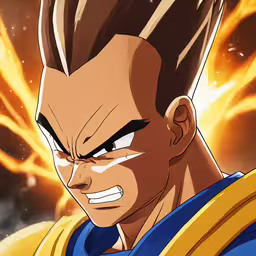 anime character with blonde hair, orange eyes, and a large blue beard,a cartoon character in an image that appears to be one