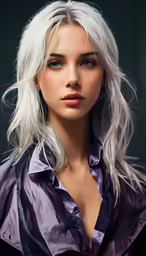 a model wearing white hair and a purple blouse