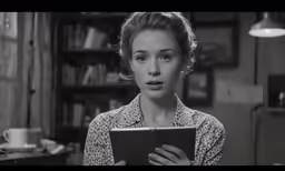 the woman is looking at the camera while holding her tablet