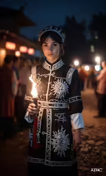 the woman in costume is holding a candle