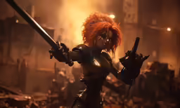 the redhead haired female character is holding a giant sword
