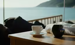 a coffee cup on a table looking out to the ocean