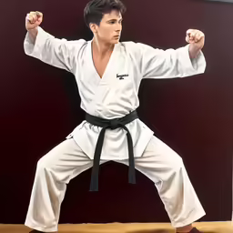 a male in white is doing a karate pose