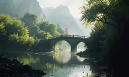 the bridge is near some green trees and water