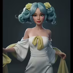 a 3d girl in a white dress with roses in her hair