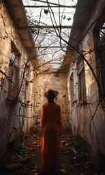 a woman wearing an orange outfit walking down an alley way