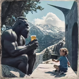 a young boy holding a glass of beer sitting on a ledge next to a statue of a gorilla