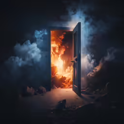 an open door leading into a dark cloudy sky