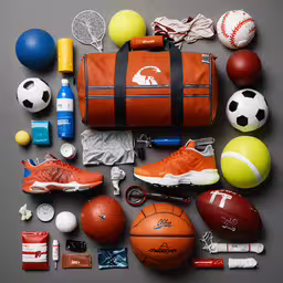 various items to pack into duffel bag with sport balls,a collection of sports and exercise equipment is shown