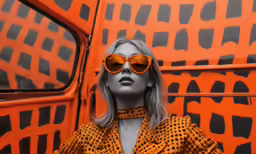 a woman wearing sunglasses, standing in front of an orange painted bus