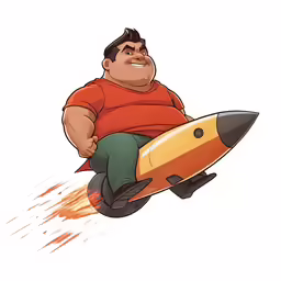 fat man riding a rocket ship down the air