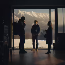 three people standing in front of a door looking at mountains