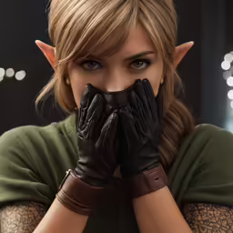 a woman with a leather glove covers her face