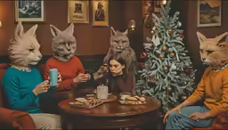 women sit at a table having tea with four cats