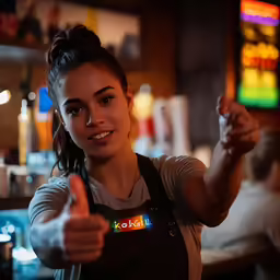 a girl is posing for the camera, wearing an apron and pointing