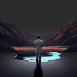 a man looking at a beautiful landscape with mountains in the background