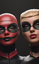 a close up of two people with masks on