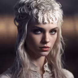 a portrait of a woman with white hair and a white top