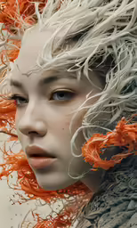 the girl is covered in orange and white hair