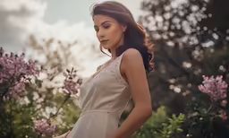 the woman is posing outside in a dress and flowers
