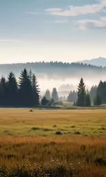 a large field with a forest in the background