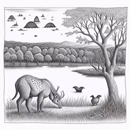 a rhino eating grass by the water under trees,an elephant and birds are standing by the river