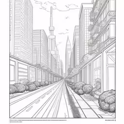 a pencil drawing of a road with cars going through the city,an image of a city street with buildings