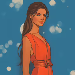 a woman with long brown hair wearing a orange dress