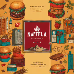 a cartoon drawing of many hamburgers on a yellow background,the cover to the napfla cookbook featuring food illustrations