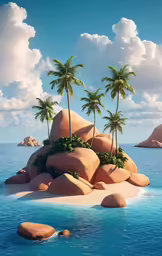 an island surrounded by palm trees in the ocean