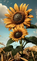 a large sunflower that is standing in some grass