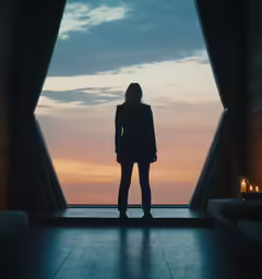 the lady standing in front of the window has her head down