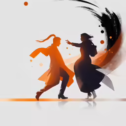 two people in silhouette dancing in front of a bright orange sun