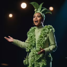 a woman in a green hula dress talking while holding out her hands