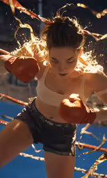 a woman wearing boxing gloves on top of a field