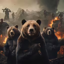 a large bear surrounded by other bears standing in front of a fire
