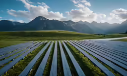 rows of solar panels on a green grassy area