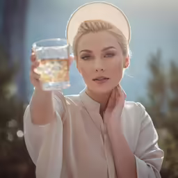 a beautiful blonde in white dress holding up a glass of water