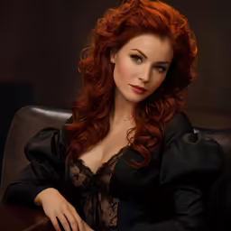 a very sexy redhead woman sitting on a leather chair
