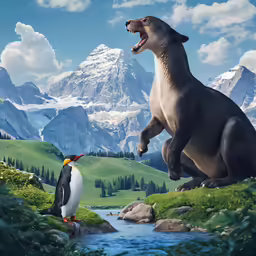 a large brown bear standing next to a penguin sitting on a green field