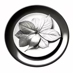 three leafs on top of a white and black plate