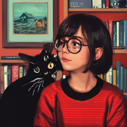 a girl wearing glasses leaning against her cat