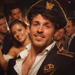 a close up of a person dressed as captain