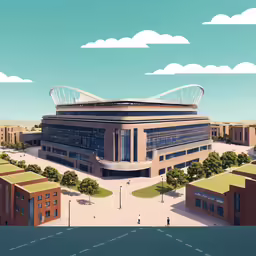 an artistic painting of a building with a roof
