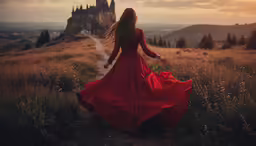 the lady is walking away from the castle in the field